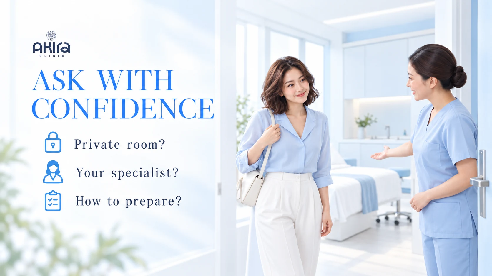 Client asking an Akira Clinic specialist about privacy, treatment provider and preparation