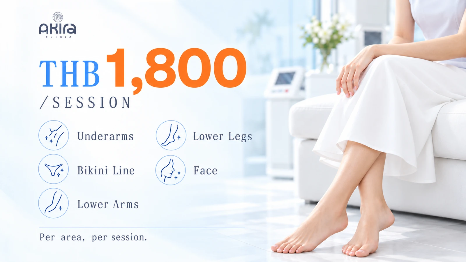 Underarms, bikini line, lower arms, lower legs and face: THB 1,800 per area, per session at AKIRA CLINIC.